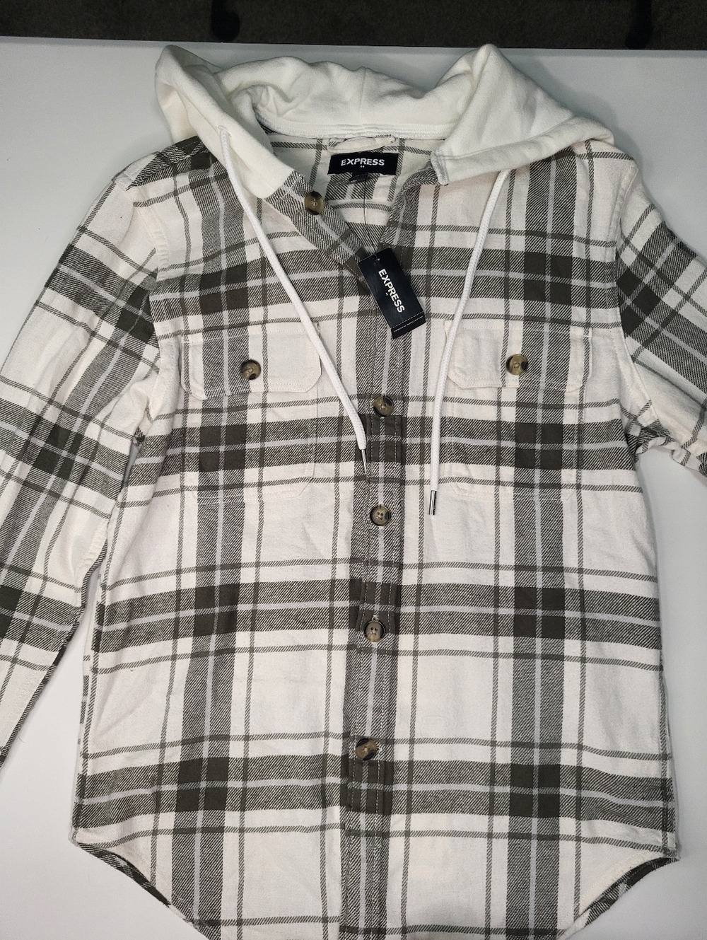 Express Cream & Gray Plaid Hooded Utility Shacket